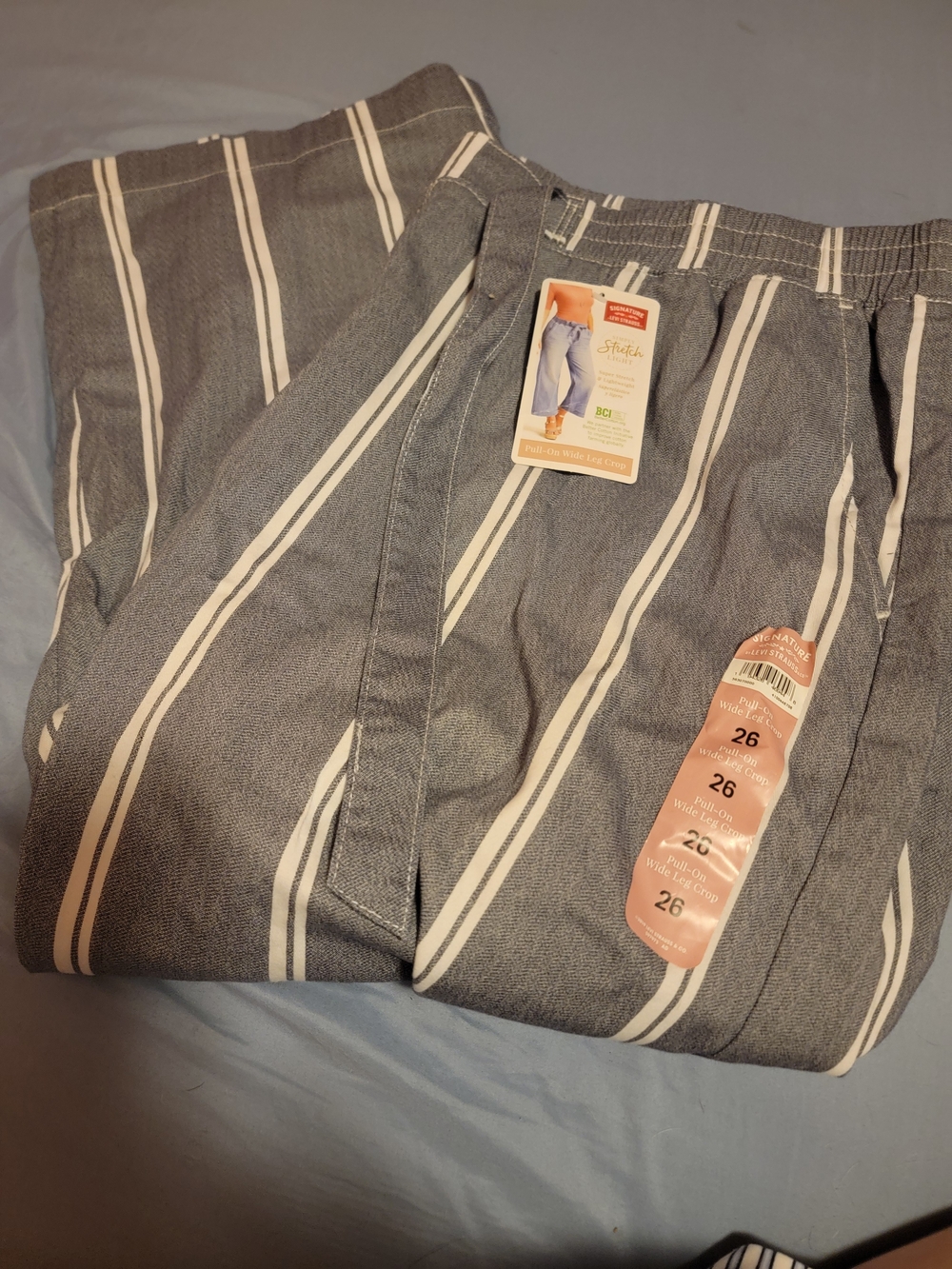 Signature by Levi Strauss Blue and White Vertical-Stripe Wide-Leg Pants